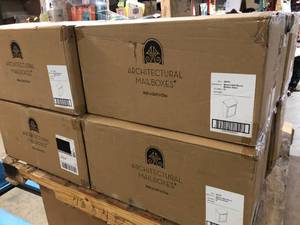 lot 26 image: 8 Boxes of Architectural Mailboxes Marina Black Small Steel Wall Mount Mailbox   Customer Returns See Pictures