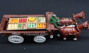 lot 38 image: CAST IRON HORSES, WAGON, DRIVER