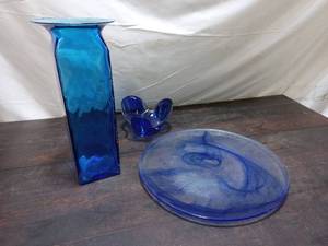 Three Blue Glass Items