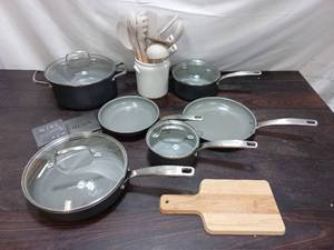 Set Of GreenPan Pans And Jar Of Cooking Utensils