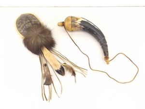Vintage Native American Authentic Taxidermy Turtle Deer Rattle and Bone Powder Horn