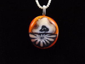 .925 Sterling Silver THICK and LONG Box Link Orange Art Glass Pendant Necklace