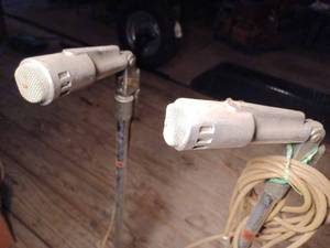Two Vintage Microphones, Mic Stands, and Mic Cords, One Stand is an Atlas
