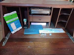 Vintage Wood Writing Desk with Lamp and Drawers of Office Items