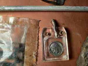 Box of Vintage Items Including Two Unique Rocks, 1966 Dime in a Key Chain, Packages of Clothing Patches, Silver Plate Desert Fork