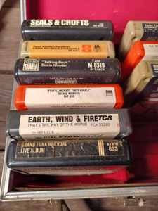 Vintage 8-Tack Tape Case with Nine Classic Rock 8-Track Tapes