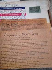 Box of Vintage Items Including Casey Jones Joke Book, Athentic Reproductions of the Declaration of Independence from the Henry Ford Museum