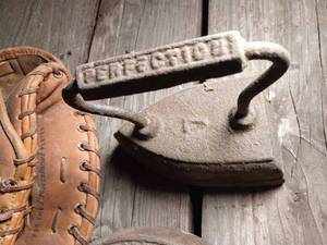 Six Vintage Items Including Perfection No. 7 Iron, Sad Iron - Missing Handle, Rawlins Leather Catchers Mit, Pipe Made from a Horn, 1985 Stein
