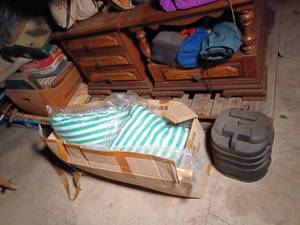 Down Hill Skis and Poles, End Table, Coffee Table, Tents, Sleeping Bags, Lawn Chairs, Camping Lantern, and More