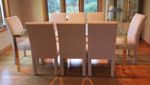 Contemporary Glass and Brass Dining Table with 8 Upholstered chairs