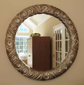 Silver painted Wood treated Round Mirror  and complementing vase with white decorative cellophane  leaves