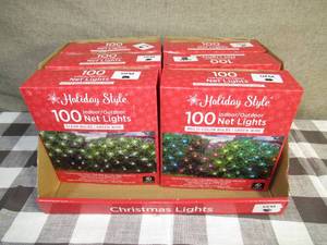 lot 32 image: Lot of 6 Holiday Style 100 IndoorOutdoor Net Lights-ClearMulti-Colored Bulbs-Green Wire