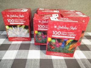 lot 36 image: Lot of 9 Holiday Style 100 IndoorOutdoor Mini Lights-ClearMulti-Colored Bulbs-GreenWhite Wire
