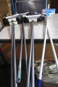 lot 137 image: Lot of 8 Brooms and Mops (6 Jumbo Smooth Indoor Sweeping Brooms 2 Mr. Clean Sponge Mops with Scrubbers)