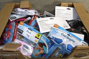 lot 192 image: Apple Box of Kids Pool fun Goggles Swim Masks and Floaties