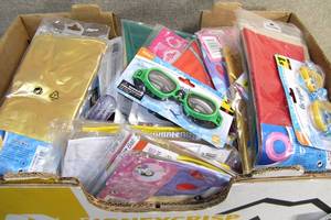 lot 193 image: Apple Box Stuffed Full of Pool Floaties Swim Masks and Bubbles