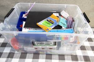 lot 195 image: 10 x 15 x 21 Bin Filled School and Office Supplies