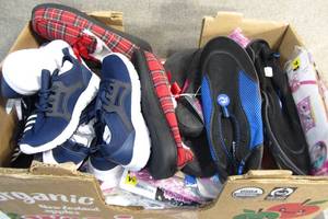 lot 201 image: Apple Box Chalk Full of Slippers Shoes and a Ton of Floaties