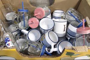 lot 212 image: Apple Box of Monogram Mugs Wine Glasses with Boys and Girls Glass Sip Cups