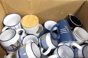 lot 213 image: 12 x 12 x 18 Box of Monogrammed and Printed Mugs and Kitchen Ware