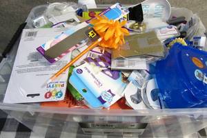 lot 222 image: 10 x 15 x 21 Bin Filled with Kitchen and Party Supplies and Wares