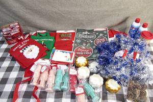 lot 232 image: Mixed Lot of Christmas Holiday Candles-Bags-Cards-Tree Skirt-Fake Snow-Ornaments
