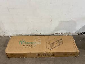 lot 212 image: YITAHOME Grey Washed Farmhouse TV Stand with Sliding Barn Doors