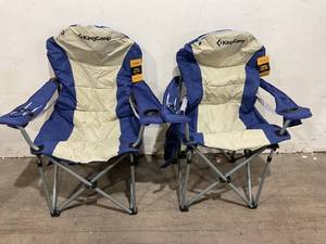 lot 112 image: LOT OF 2 KingCamp Simpson Navy & Beige Lumbar Support Camping Chairs with Cooler Bag