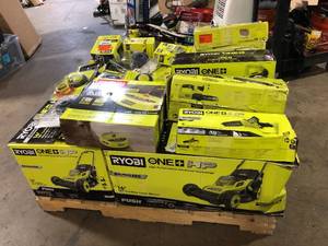 Pallet of Assorted Ryobi Lawn Care and Hardware Items Various Models and Conditions  Customer Returns See Pictures