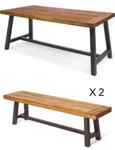 lot 8 image: CHRISTOPHER KNIGHT Home Carlisle Outdoor Dining Table with Iron Legs with 2 Benches- Sandblast Finish  Rustic Metal
