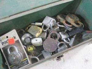 lot 205 image: (CS) Metal Box Full of Assorted Loc...