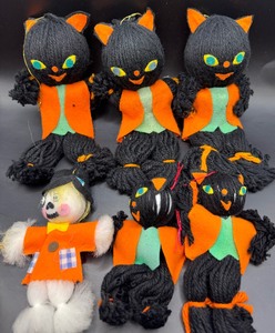 Vintage Yarn Black Cats and Scarecrow Decorations made in Japan