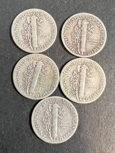GROUP OF 5 US MERCURY DIMES 1941 2X1942 2X1944