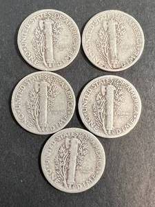 GROUP OF 5 US MERCURY DIMES 1941 2X1942 1943 1944