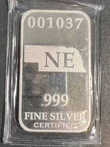 1 TROY OZ .999 FINE SILVER NEBRASKA INDIAN BAR