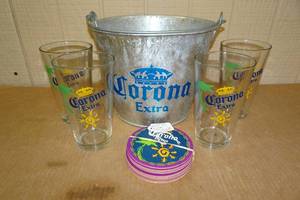 lot 339 image: Set of 4 Corona Pint Glasses with Coasters and Metal Bucket