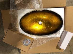 Foil Undertone Glass Oval Vessel Sink in Yellow with Faucet Pop Up Drain Set by Puluomis  Customer Returns See Pictures