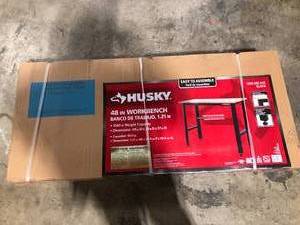 Husky Ready-To-Assemble 4 ft. Solid Wood Top Workbench in Black  Customer Returns See Pictures