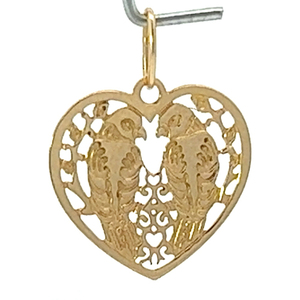 lot 7 image: Michael Anthony, Two Lovebirds yellow 14k gold pendant (no chain). Heart shape with Pierced out design.