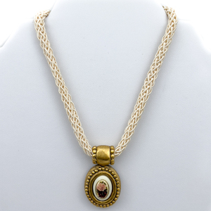 lot 23 image: Eivind Hillestad Vintage Rose On Braided Cream Color Base Metal Choker Necklace. Plated Pewter.