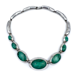 lot 16 image: (Taxco, Mexico) Malachite Sterling Silver Collar Necklace. Seven Oval Cabachons.