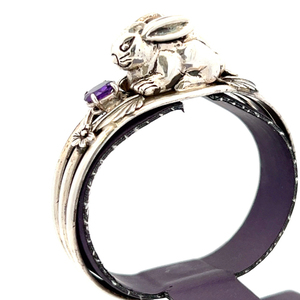 lot 17 image: VINTAGE CAROL FELLEY Art Noveau Style Bunny, Sterling Silver Cuff Bracelet. Set With Oval Amethyst.
