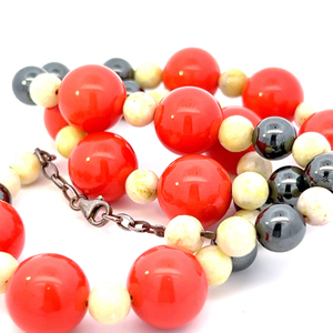 lot 20 image: Eye-Catching Mod design, Coral Color Glass, Hematite & Marbled Cream Sterling Silver Bead Necklace.
