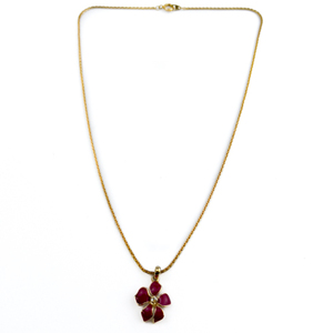 lot 40 image: Pink Enamel flower, Yellow Base Metal Pendant Necklace. Rhinestone Set Center.