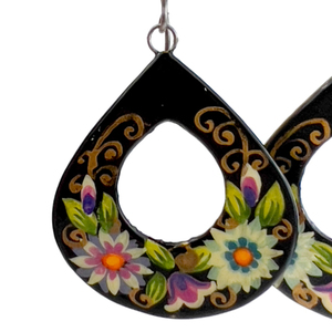 lot 46 image: Hand Painted (Wood) French Wire Earrings . Folk Art Flowers On Black Background.