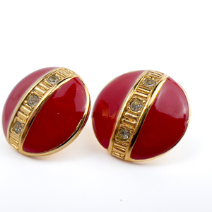 lot 102 image: AVON Yellow Plated Metal Post Back Pierced Earrings. Red Enamel And Rhinestones