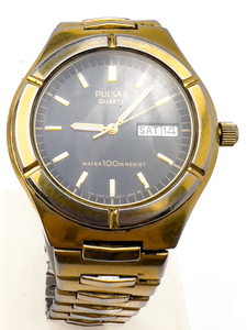 lot 143 image: Mens Pulsar Y148-7AOW, Dark dial yellow stainless steel Quartz Analog watch. New Battery Installed