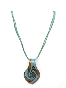 lot 208 image: Turquoise color, three fabric cords with glass teardrop, Unknown Maker, Base Metal Necklace.
