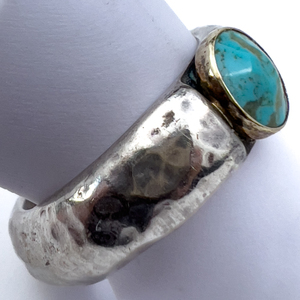 lot 11 image: Navajo Hammer-Finish Band with Turquoise (Stone Mountain) Sterling & 14K Yellow Ring