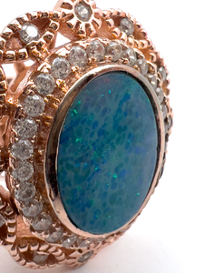 lot 183 image: Stauer Created Opal And CZ, Halo Rose Plated Sterling Silver Ring, Set With Created Opal.